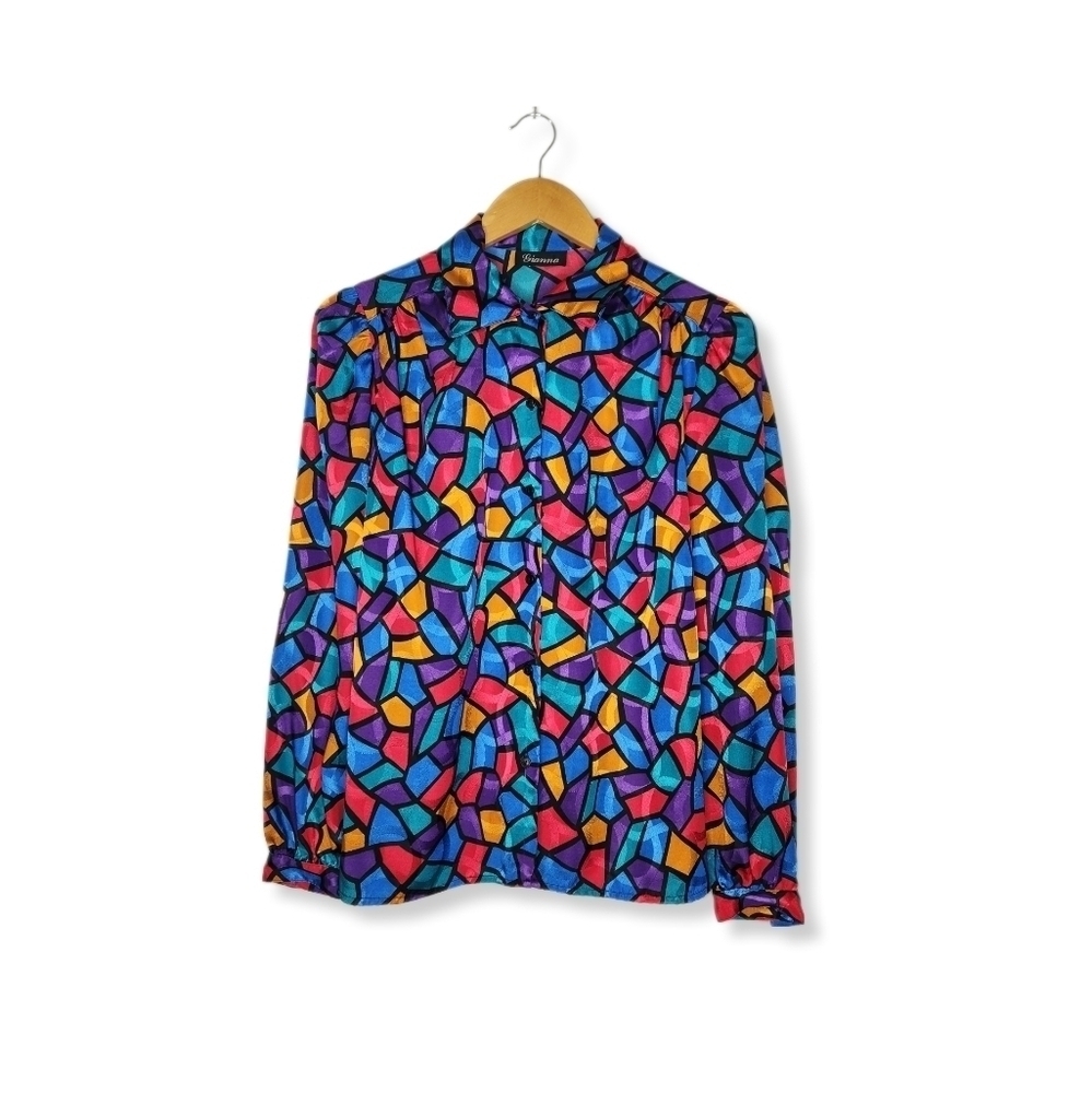 Vintage 80s Colorful Stain Glass Pattern Button Up Long Sleeve Satin Top